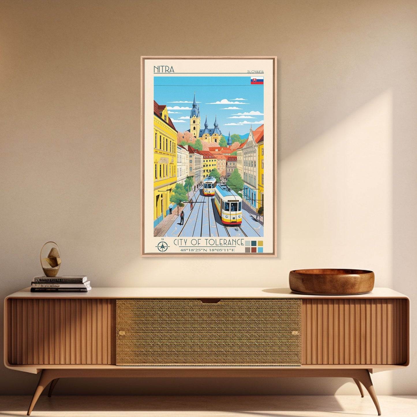 Nitra Slovakia Travel Poster Framed Canvas Print, Midcentury Modern Art, Pop Art Wall Decor, Scenic Wall Art, Living Room Decoration, Office Gift