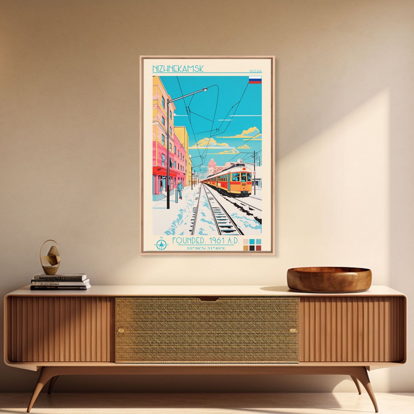 Nizhnekamsk Russia Travel Poster Framed Canvas Print, Midcentury Modern Art, Pop Art Wall Decor, Scenic Wall Art, Bedroom Decoration