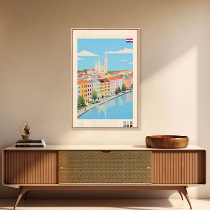Osijek Croatia Travel Poster Framed Canvas Print, Midcentury Modern Art, Pop Art Wall Decor, Home Decor, Vacation Gift, Office Art
