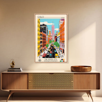 Oslo Norway Travel Poster Framed Canvas Print, Midcentury Modern Art, Pop Art Wall Decor, Scenic Living Room Art, Bedroom Gift