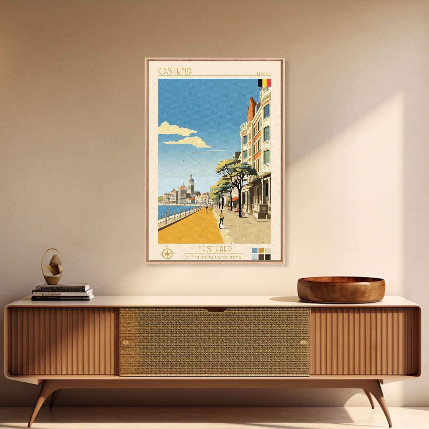 Ostend Belgium Travel Poster Framed Canvas Print, Midcentury Modern Art, Pop Art Wall Decor, Scenic Wall Art, Living Room Decoration, Office Art