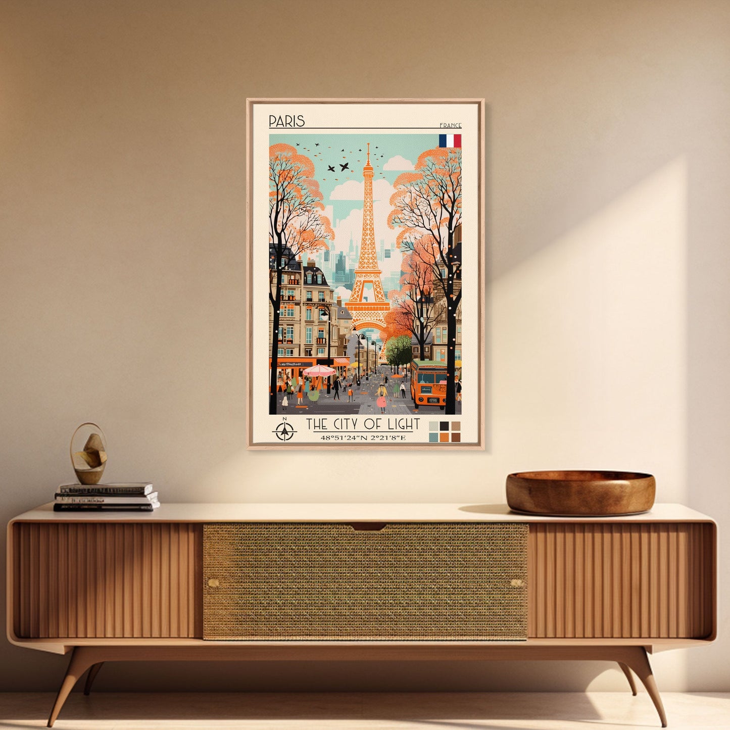 Paris France Travel Poster Framed Canvas Print, Midcentury Modern Art, Pop Art Wall Decor, Scenic Wall Art, Living Room Decoration, Office Gift