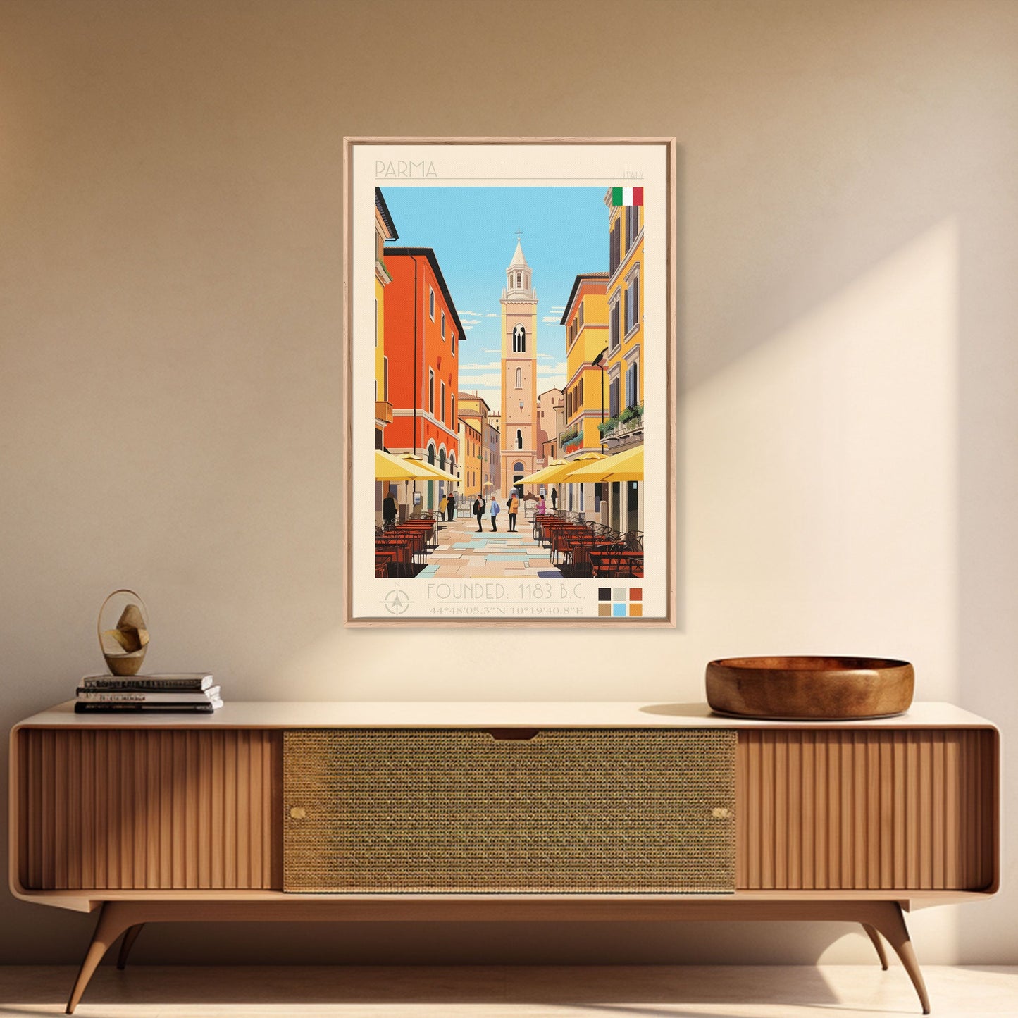 Parma Italy Travel Poster Framed Canvas Print, Midcentury Modern Art, Pop Art Wall Decor, Scenic Wall Art, Bedroom Decoration