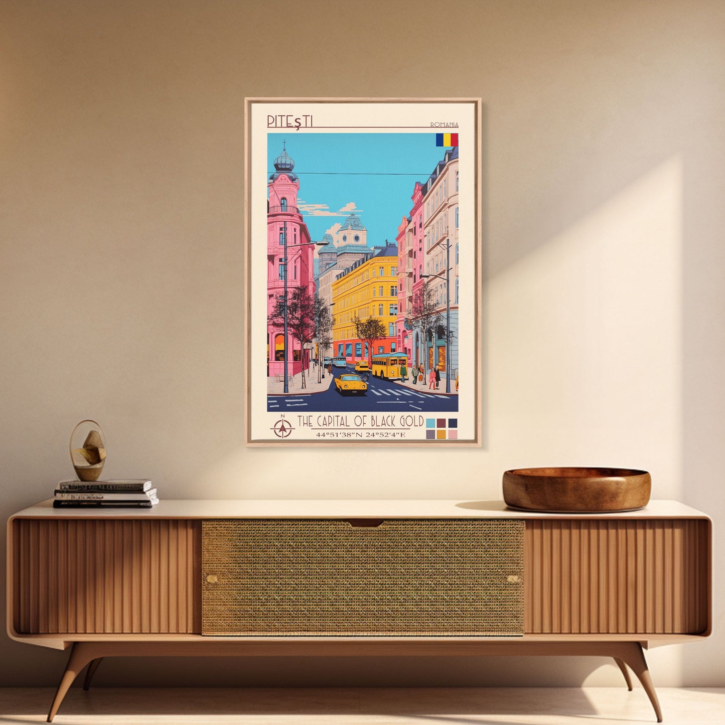 Pitești Romania Travel Poster Framed Canvas Print, Midcentury Modern Art, Pop Art Wall Decor, Home Decor, Vacation Gift, Bedroom Art