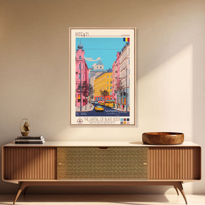 Pitești Romania Travel Poster Framed Canvas Print, Midcentury Modern Art, Pop Art Wall Decor, Home Decor, Vacation Gift, Bedroom Art