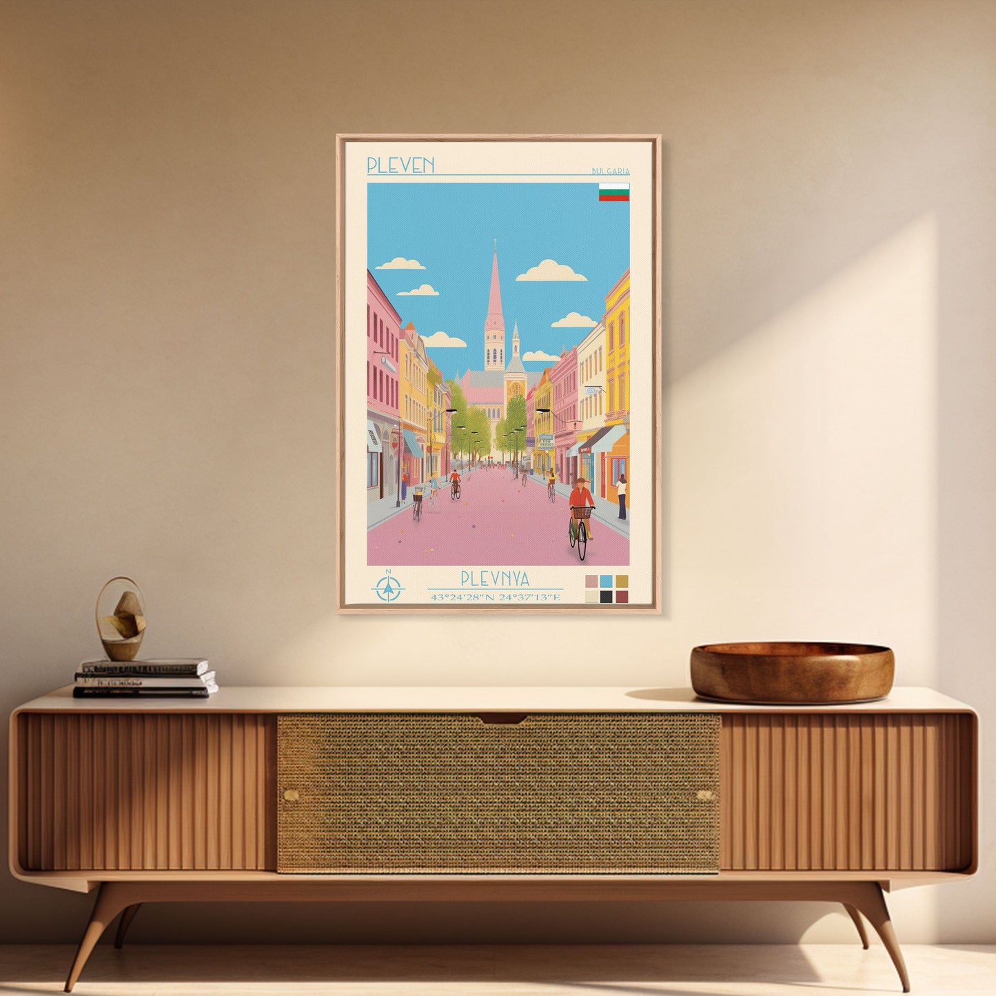 Pleven Bulgaria Travel Poster Framed Canvas Print, Midcentury Modern Art, Pop Art Wall Decor, Scenic Wall Art, Living Room Decoration, Office Gift