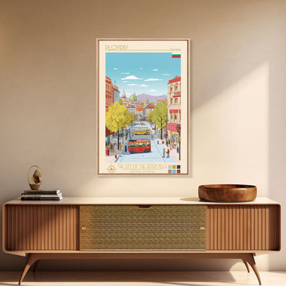 Plovdiv Bulgaria Travel Poster Framed Canvas Print, Midcentury Modern Art, Pop Art Wall Decor, Living Room Art, Home Decoration