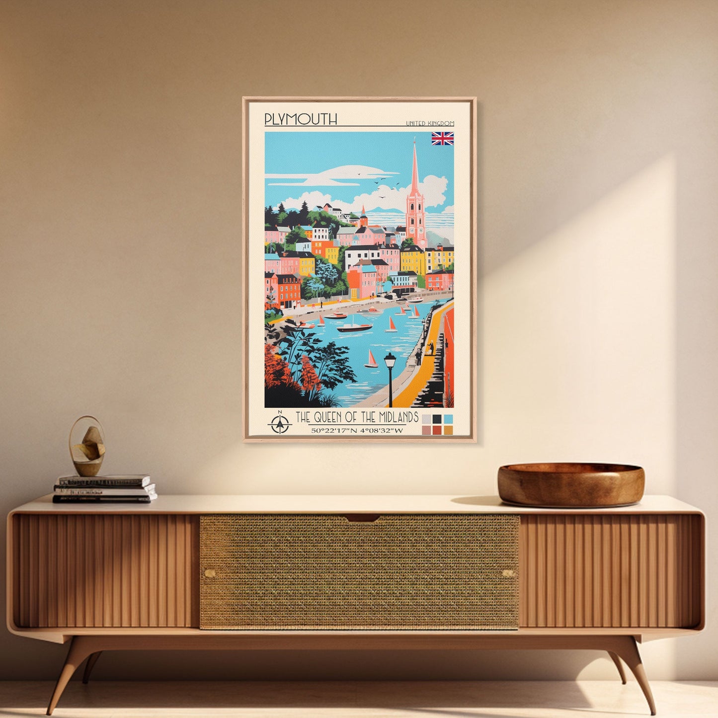 Plymouth United Kingdom Travel Poster Framed Canvas Print, Midcentury Modern Art, Pop Art Wall Decor, Scenic Bedroom Art, Office Decoration