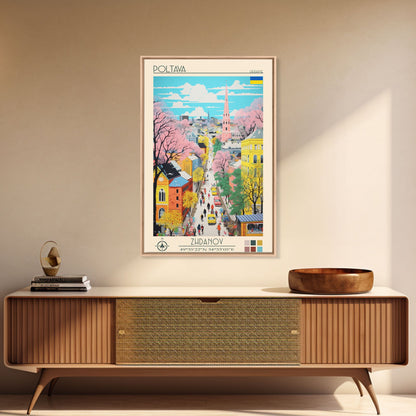 Poltava Ukraine Travel Poster Framed Canvas Print, Midcentury Modern Art, Pop Art Wall Decor, Scenic Living Room Art, Bedroom Gift