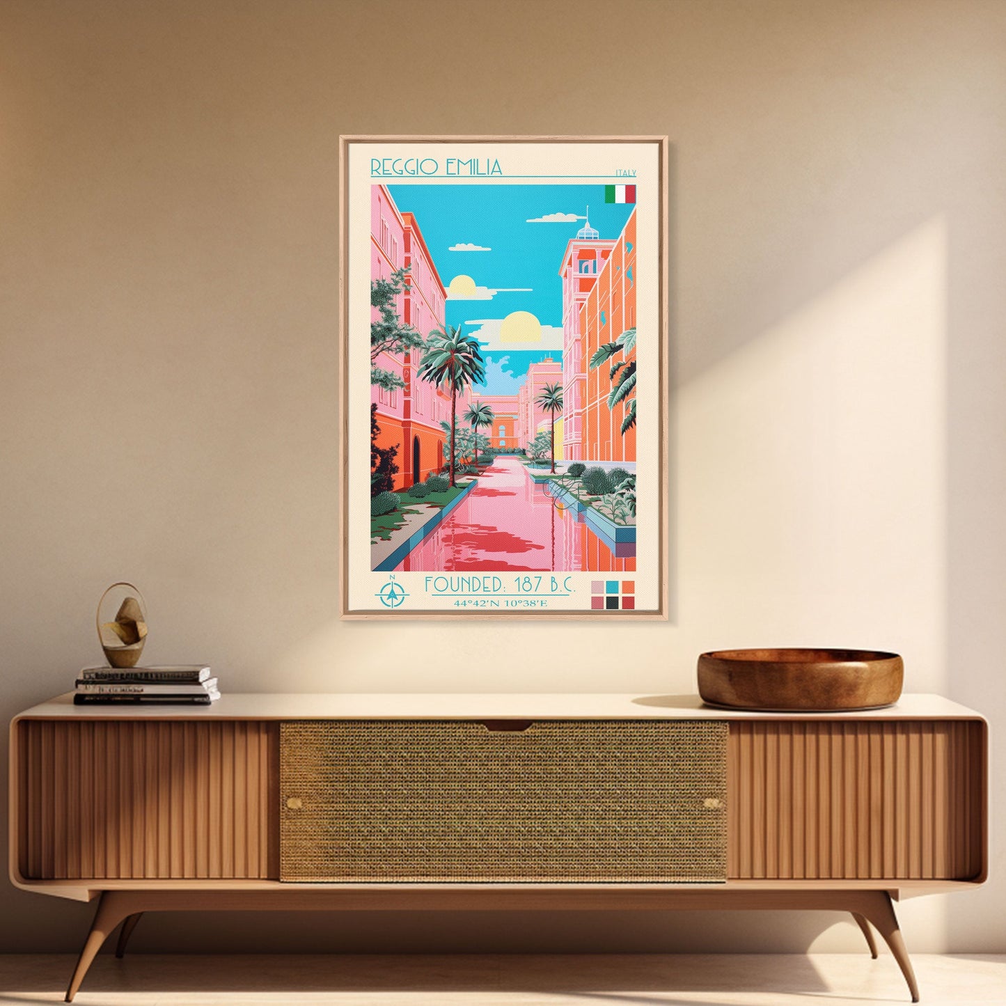 Reggio Emilia Italy Travel Poster Framed Canvas Print, Midcentury Modern Art, Pop Art Wall Decor, Scenic Wall Art, Living Room Decoration, Office Art