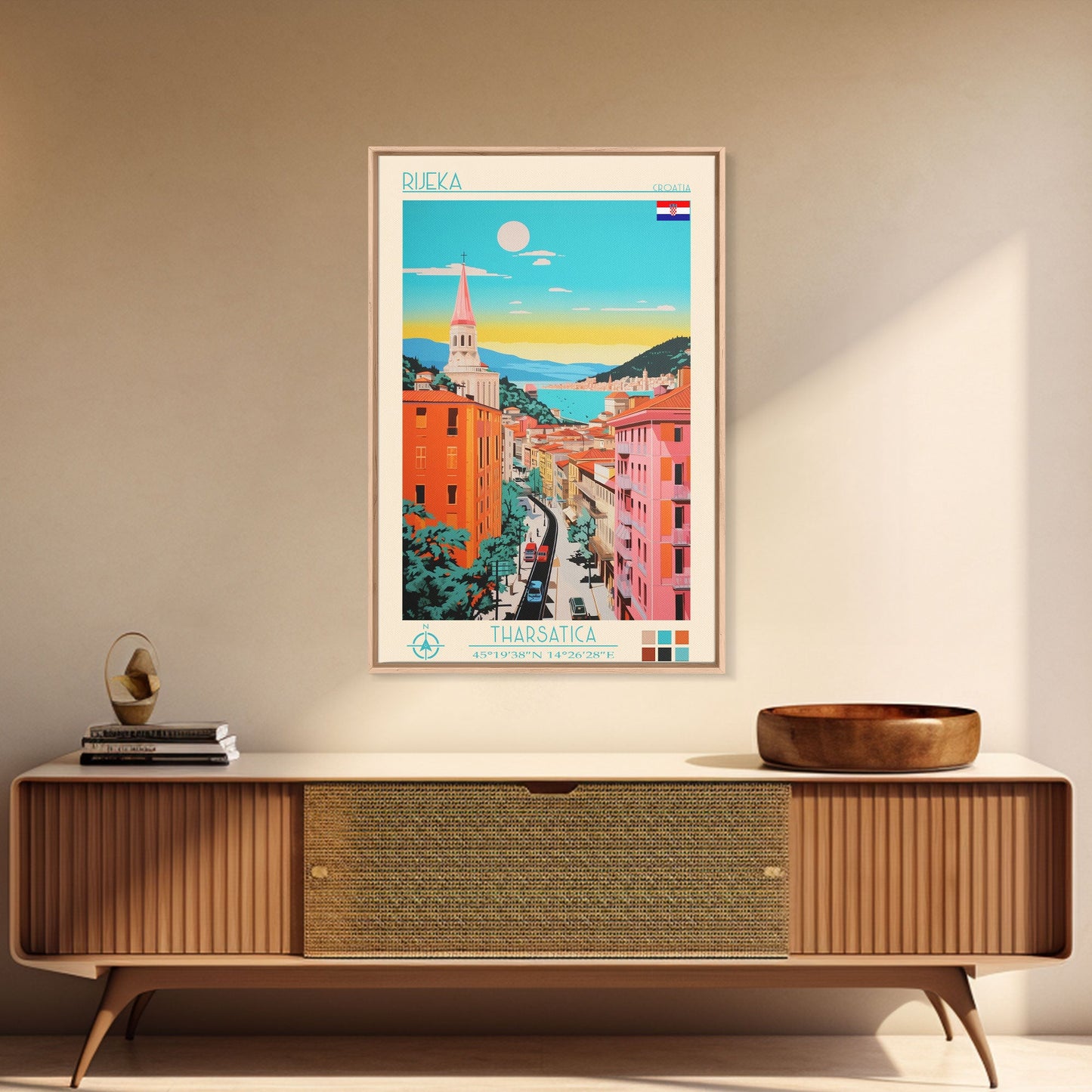 Rijeka Croatia Travel Poster Framed Canvas Print, Midcentury Modern Art, Pop Art Wall Decor, Scenic Wall Art, Living Room Decoration, Office Art