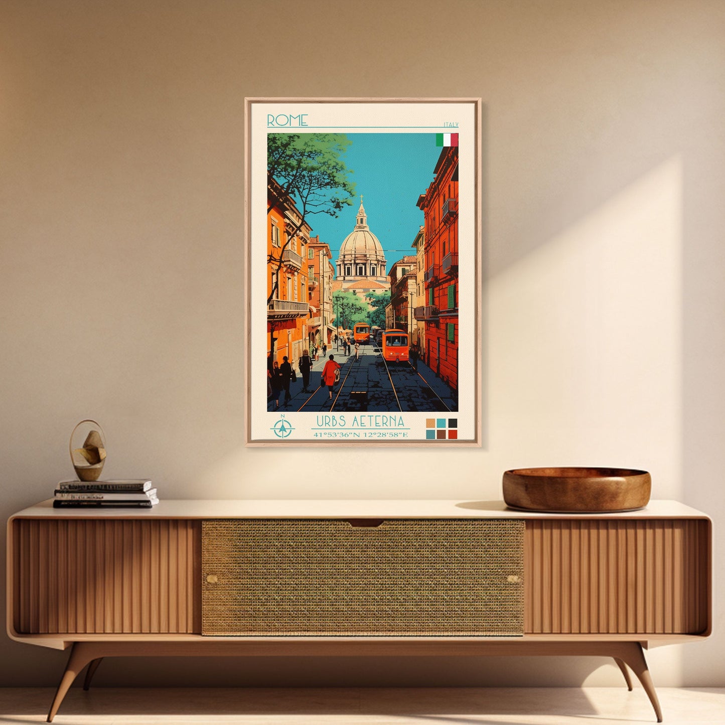 Rome Italy Travel Poster Framed Canvas Print, Midcentury Modern Art, Pop Art Wall Decor, Home Decor, Vacation Gift, Office Art