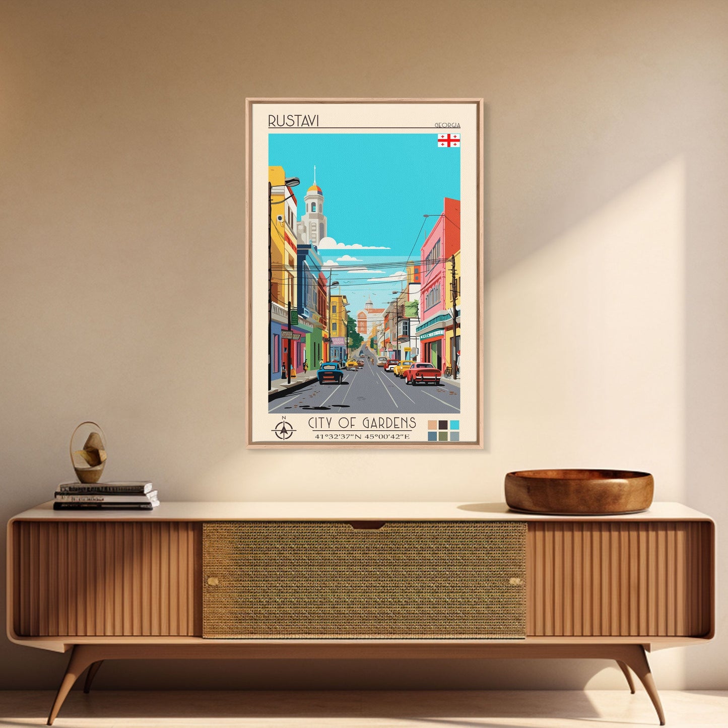 Rustavi Georgia Travel Poster Framed Canvas Print, Midcentury Modern Art, Pop Art Wall Decor, Scenic Wall Art, Bedroom Decoration