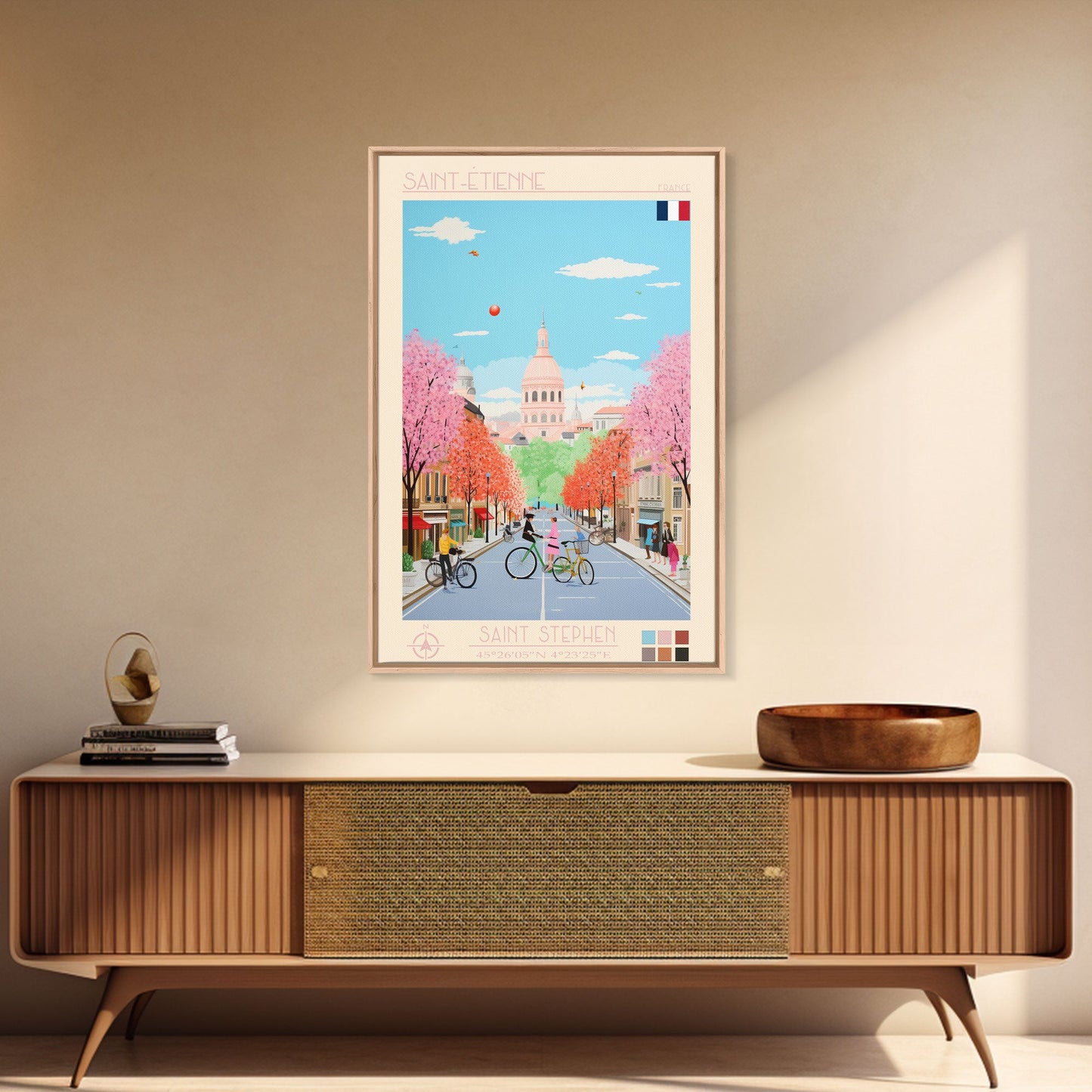 Saint-Étienne France Travel Poster Framed Canvas Print, Midcentury Modern Art, Pop Art Wall Decor, Living Room Art, Vacation Gift