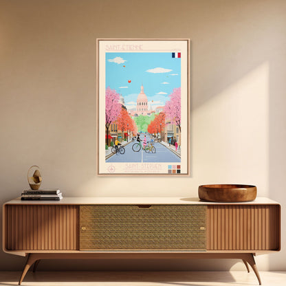 Saint-Étienne France Travel Poster Framed Canvas Print, Midcentury Modern Art, Pop Art Wall Decor, Living Room Art, Vacation Gift