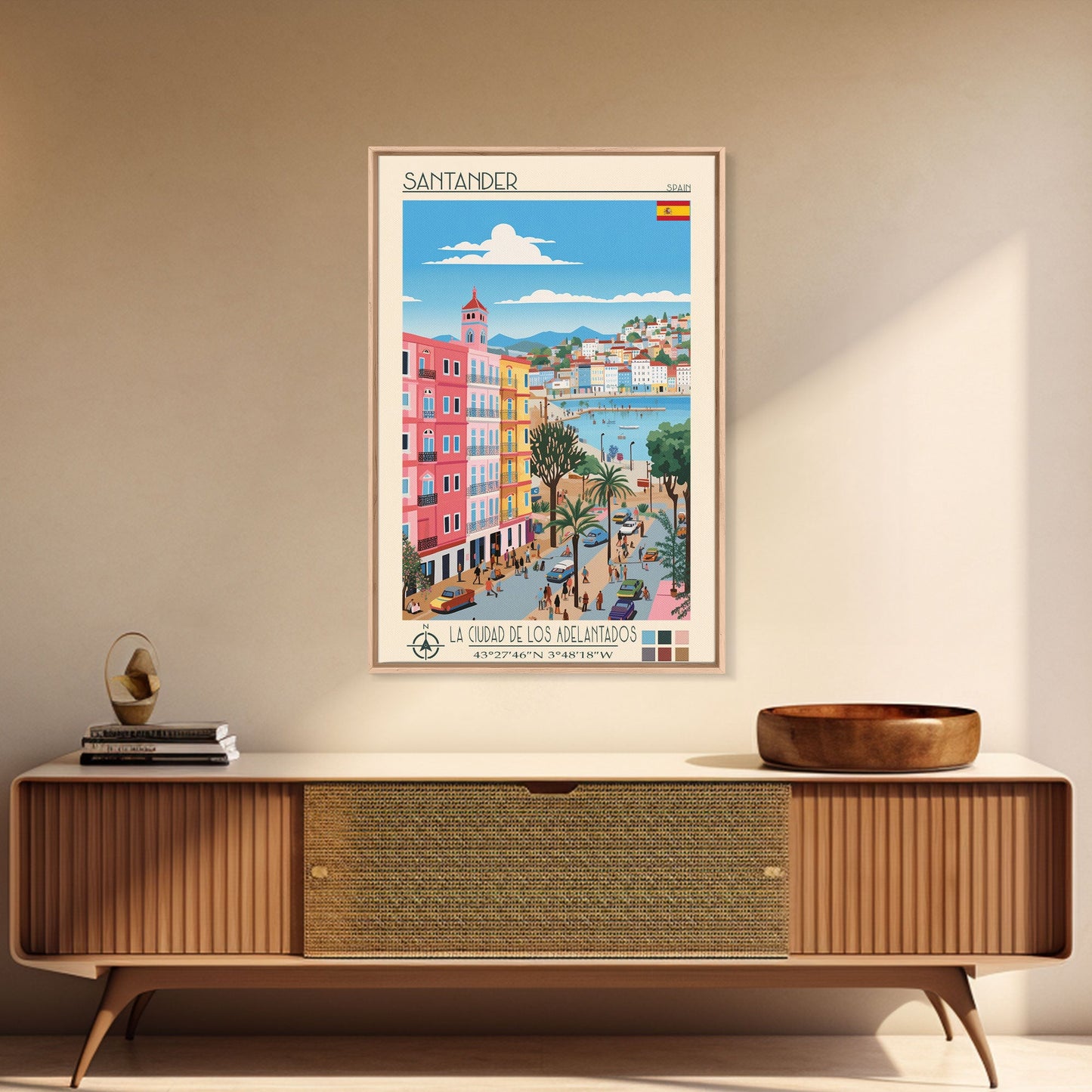 Santander Spain Travel Poster Framed Canvas Print, Midcentury Modern Art, Pop Art Wall Decor, Scenic Wall Art, Vacation Gift