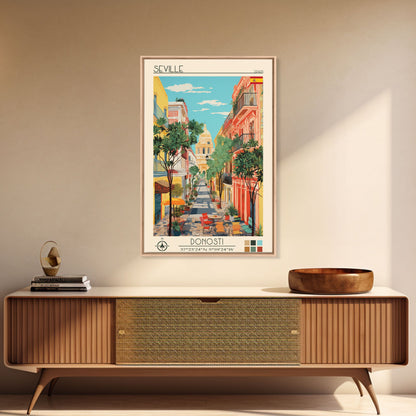 Seville Spain Travel Poster Framed Canvas Print, Midcentury Modern Art, Pop Art Wall Decor, Living Room Art, Home Decoration