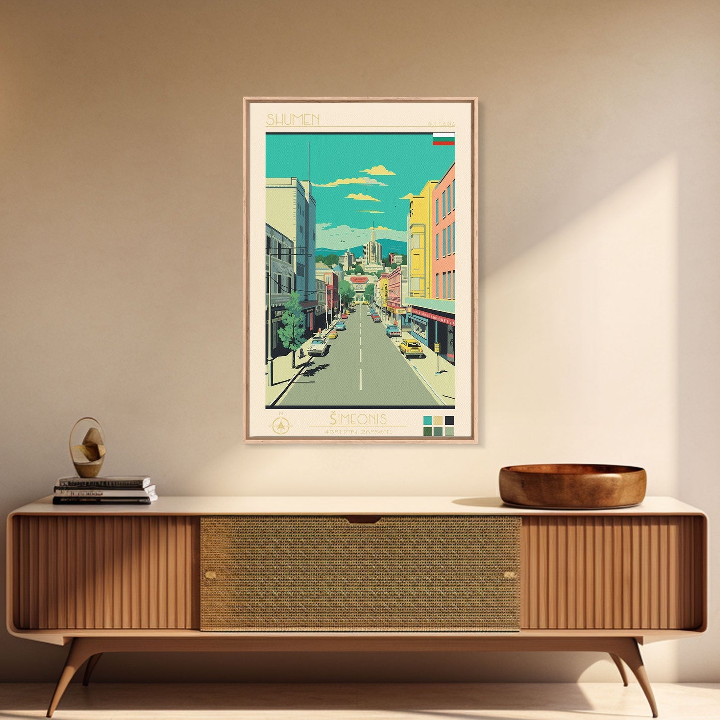 Shumen Bulgaria Travel Poster Framed Canvas Print, Midcentury Modern Art, Pop Art Wall Decor, Home Decor, Office Decoration, Scenic Art