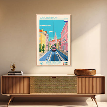 Slavonski Brod Croatia Travel Poster Framed Canvas Print, Midcentury Modern Art, Pop Art Wall Decor, Home Decor, Office Decoration