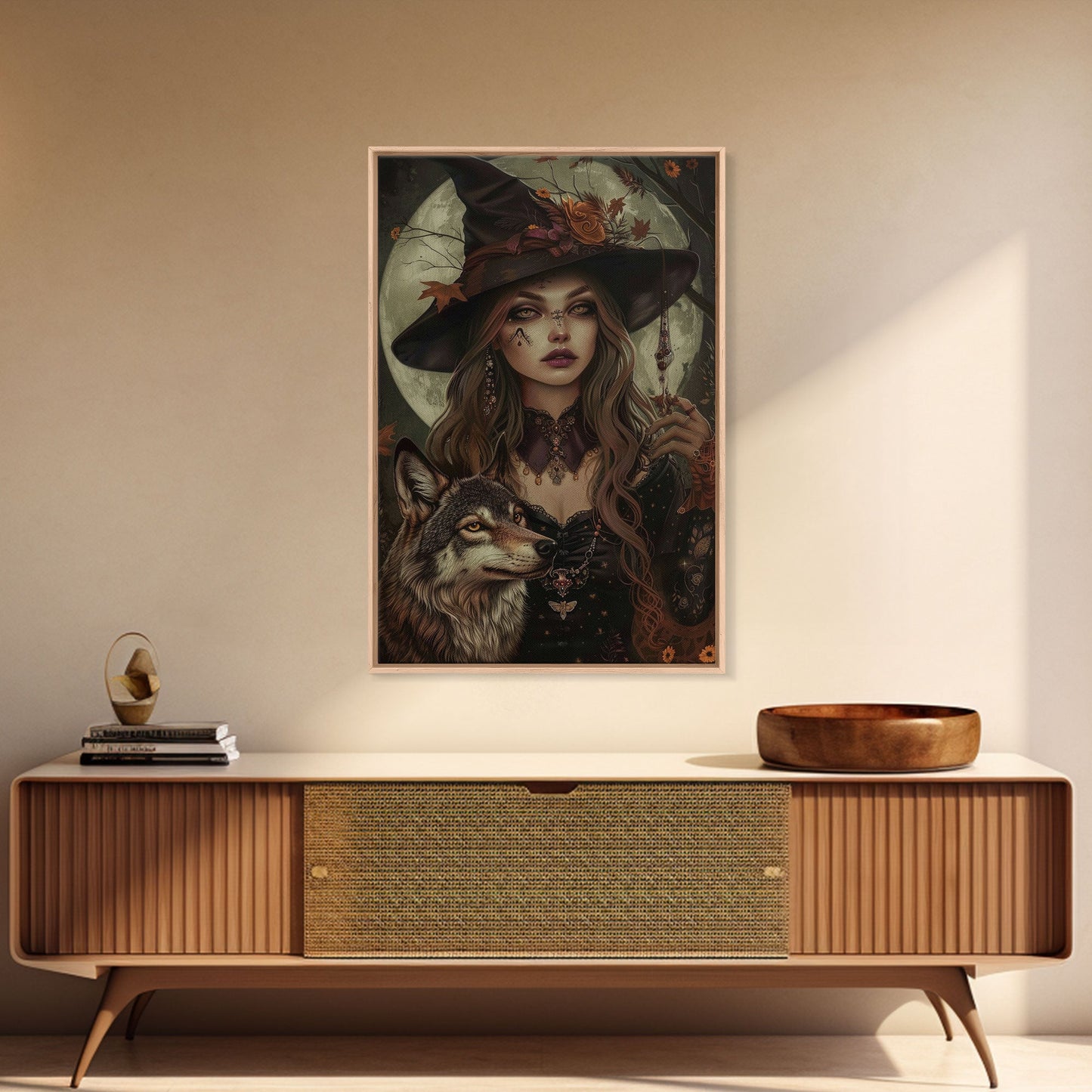 Die Hexe und der Wolf, Gruseliges Halloween-Wandbild, gerahmter Leinwanddruck, Gruselsaison, Hexenbild, Halloween-Dekoration und -Kunst, Saisonales