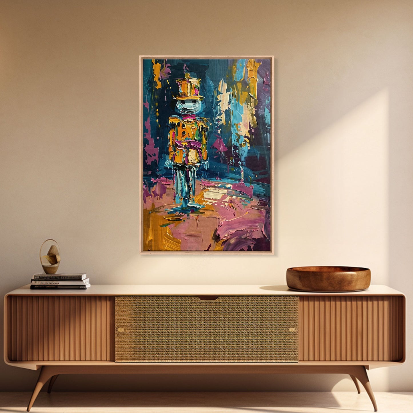 Colorful Skeleton Nutcracker Framed Canvas Print, Halloween Nutcracker Decor, Spooky Toy Art, Skeleton Wall Art, Haunted Nutcracker Print