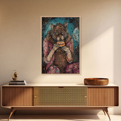 Halloween Werewolf Enjoying Hotdog, Framed Canvas Print, Wall Art, Home Decor, Spooky Artwork, Fantasy Decor, Halloween Decor, Holiday Gift