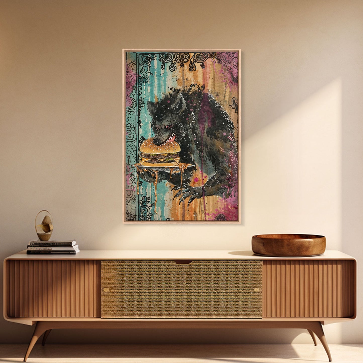 Halloween Creepy Werewolf with Burger Framed Canvas Print, Wall Art, Living Room Decor, Kitchen Art, Unique Halloween Gift, Spooky Decor