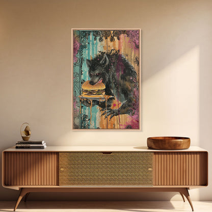 Halloween Creepy Werewolf with Burger Framed Canvas Print, Wall Art, Living Room Decor, Kitchen Art, Unique Halloween Gift, Spooky Decor