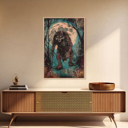 Halloween Horror Full Moon Werewolf Framed Canvas Print, Wall Art, Living Room Decor, Halloween Decor, Spooky Wall Hanging, Haunted House