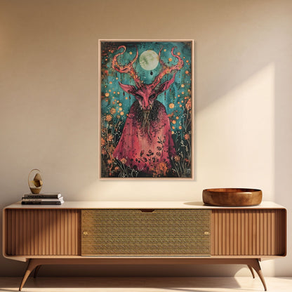 Enchanted Demon Under Full Moon Framed Canvas Print, Halloween Art, Creepy Wall Art, Spooky Home Decor, Art, Haunting Living Room Decor