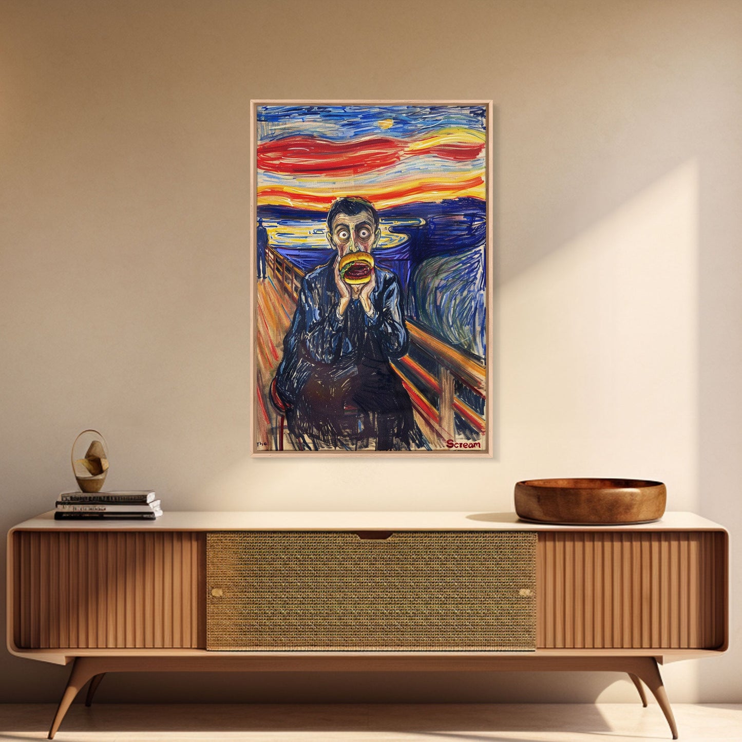 Scream-Inspired Art of a Man Eating a Hamburger, Blending Horror and Humor for a Unique Halloween Wall Art Addition