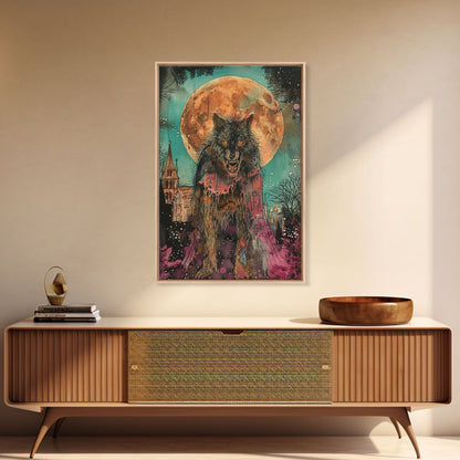 Fierce Werewolf with Blood Moon Framed Canvas Print | Halloween Monster Art | Spooky Werewolf Decor for Home | Intense Full Moon Artwork