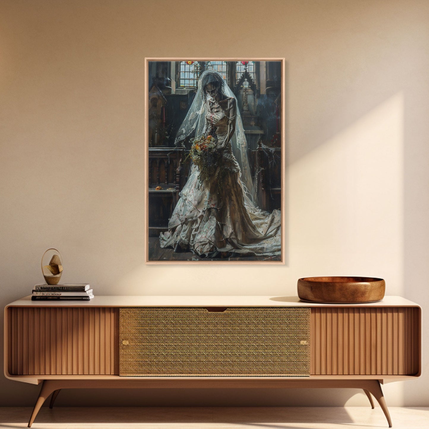 Ghostly Bride in Abandoned Church Framed Canvas Print | Halloween Bride Art | Eerie Bride Decor for Home | Haunted Wedding Artwork