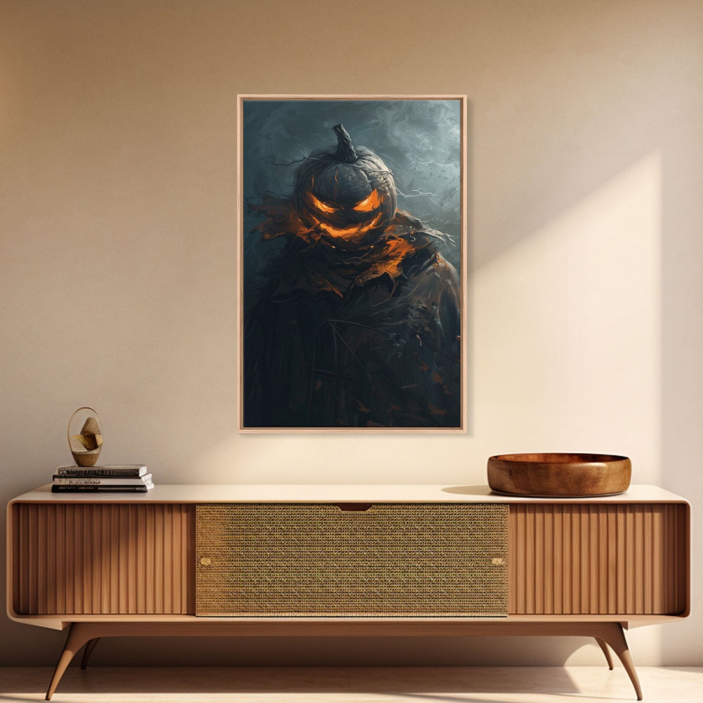 Menacing Pumpkin Head Monster Emerging from Fog - Creepy Halloween Horror Artwork Framed Canvas Print, Spooky Gothic Home Wall Decor