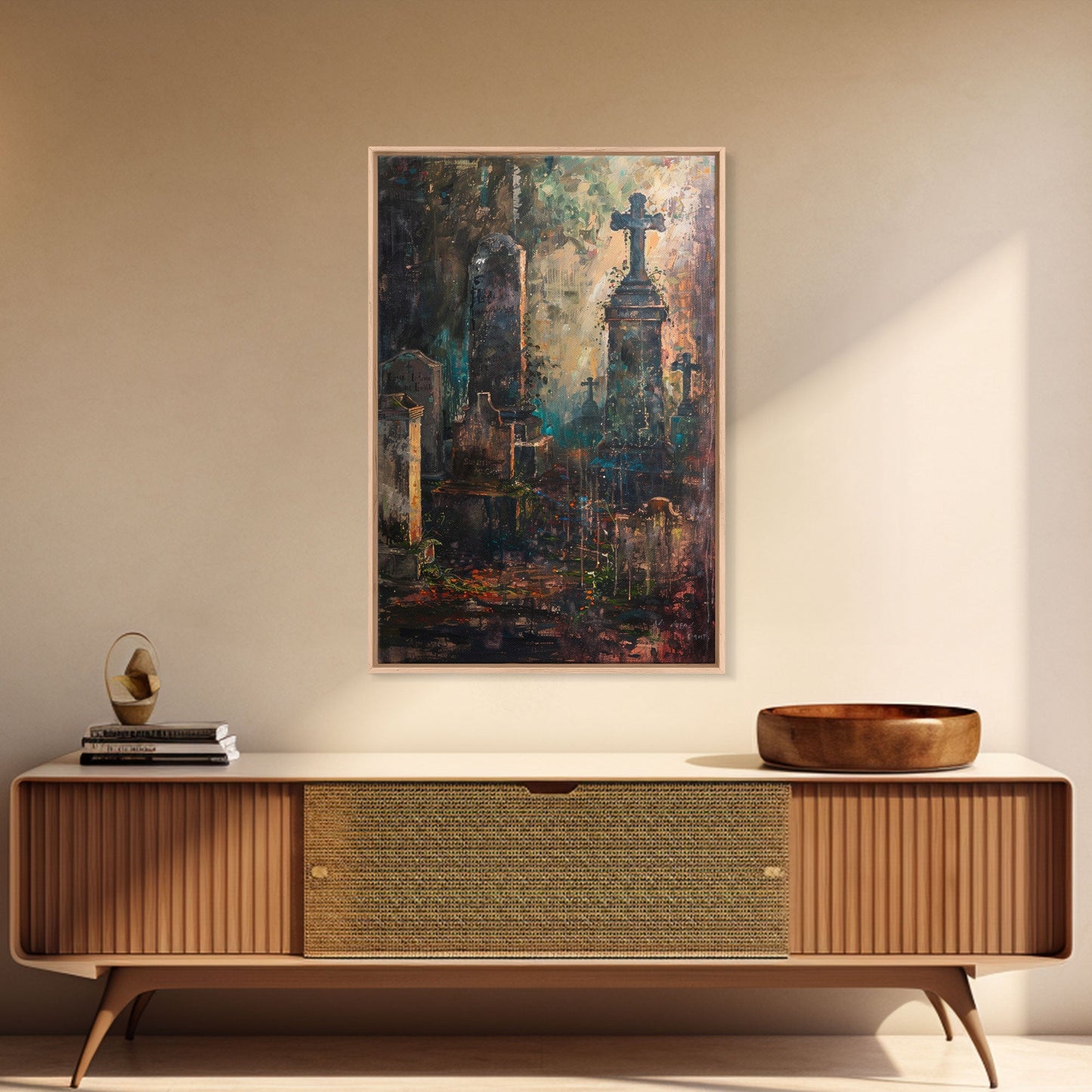 Düstere Friedhofskunst für Halloween, Gruselfriedhof, Spukfriedhof, unheimliche Grabsteine, dunkle Kunstwerke, gerahmter Leinwanddruck