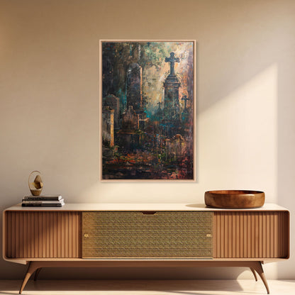 Düstere Friedhofskunst für Halloween, Gruselfriedhof, Spukfriedhof, unheimliche Grabsteine, dunkle Kunstwerke, gerahmter Leinwanddruck