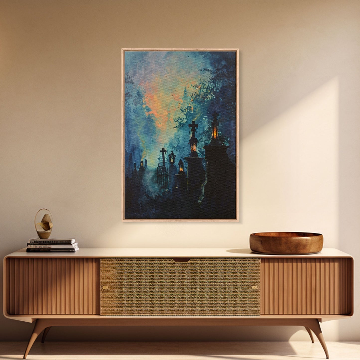 Haunted Cemetery Framed Canvas Print, Halloween Wall Art, Gothic Graveyard Art, Spooky Lantern Decor, Cemetery Lights, Horror Home Decor