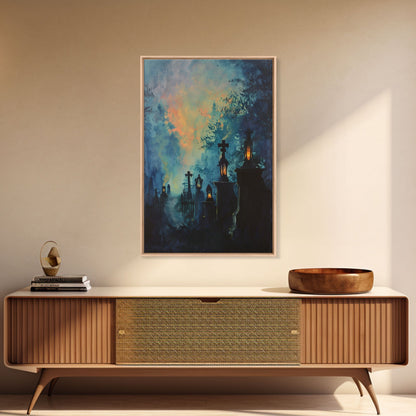 Haunted Cemetery Framed Canvas Print, Halloween Wall Art, Gothic Graveyard Art, Spooky Lantern Decor, Cemetery Lights, Horror Home Decor