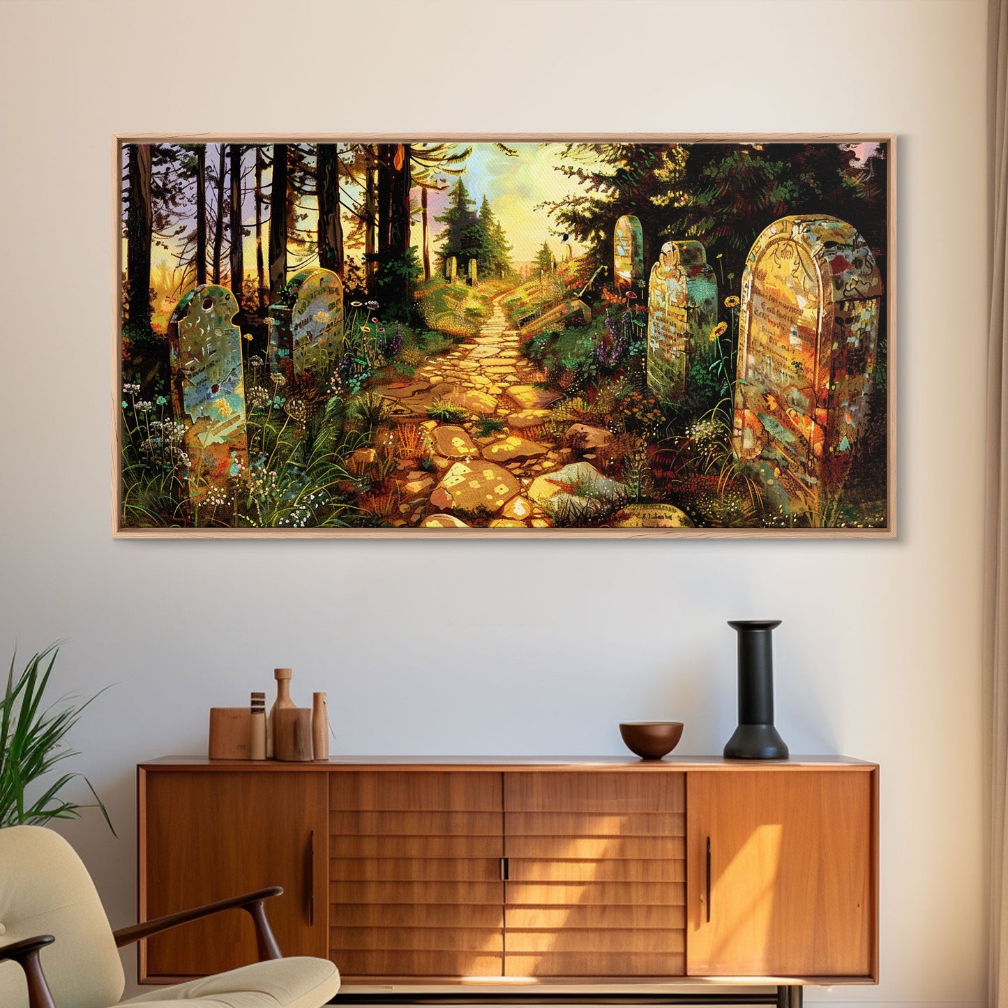 Haunted Cemetery In The Springtime, Framed Canvas Print, Colorful Halloween Decor, Halloween Wall Art