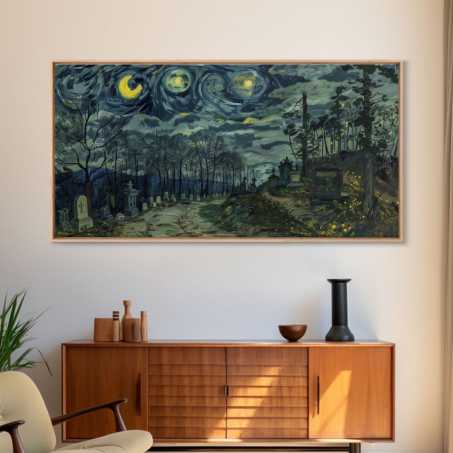 Haunted Graveyard Framed Canvas Print, Starry Night Van Gogh Inspired Halloween Decor, Spooky Vibes Halloween Gift