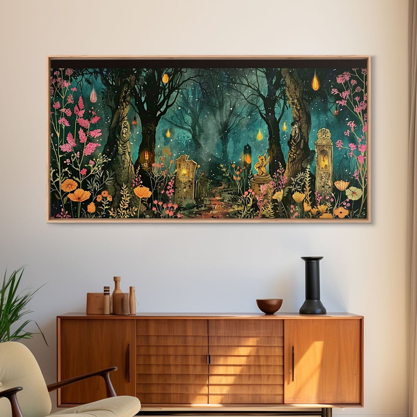 Haunted Cemetery In The Forest Framed Canvas Print, Halloween Decor, Halloween Prop Wall Art