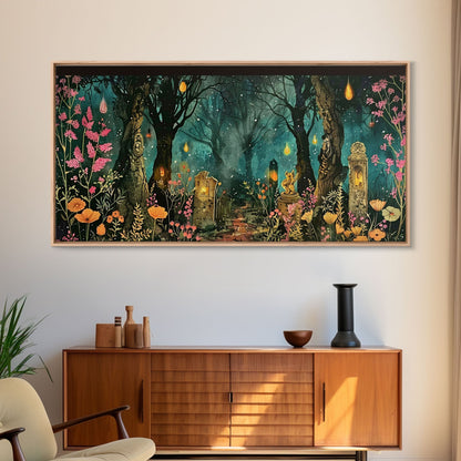 Haunted Cemetery In The Forest Framed Canvas Print, Halloween Decor, Halloween Prop Wall Art