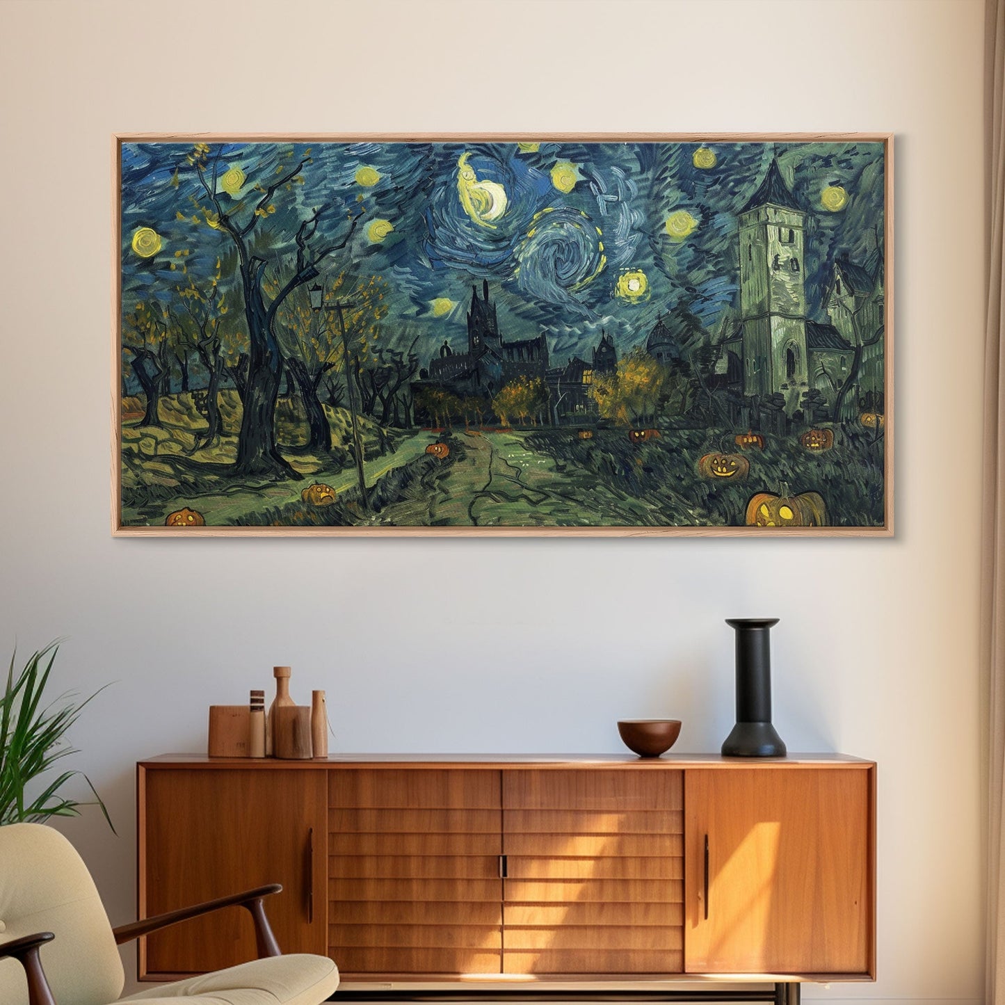 Haunted Halloween Cemetary, Starry Night Inspired Halloween Decor, Framed Canvas Print, Halloween Props