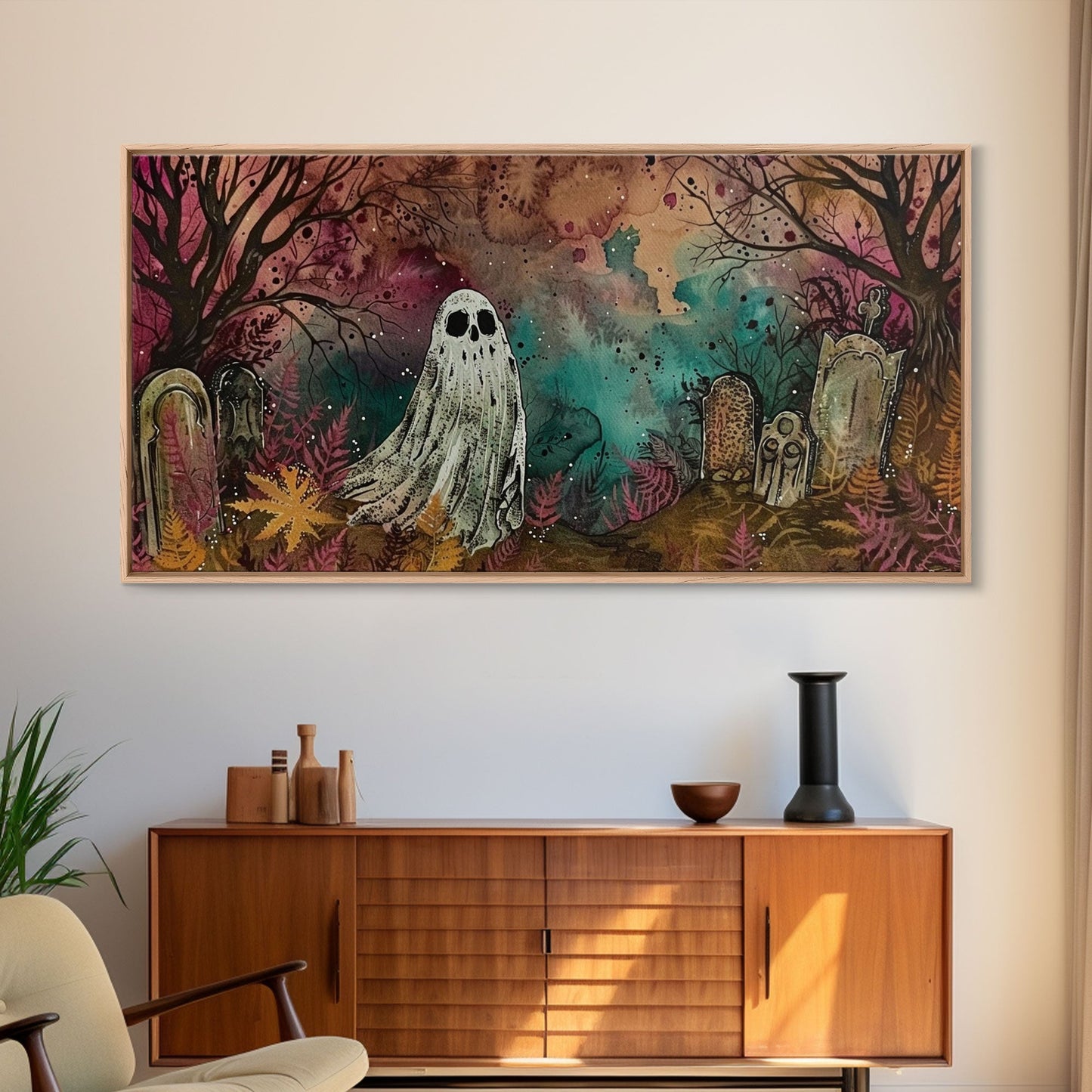 Cute Ghost In The Cemetery, Framed Canvas Print, Halloween Wall Decor, Halloween Trinkets