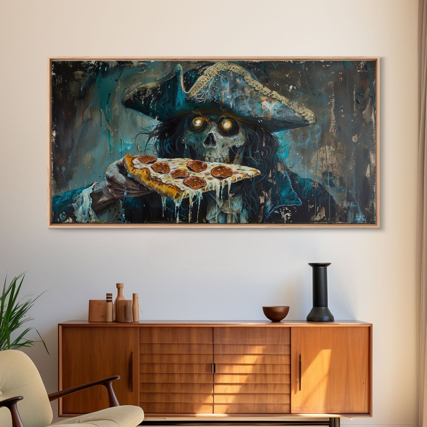 Spooky Pizza Pirate, Framed Canvas Print, Ghostly Pirate Havin a Slice of Pizza, kinda funny idk