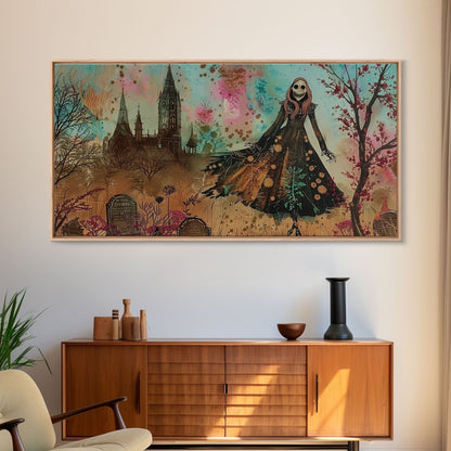 Grinning Banshee In A Cemetery Framed Canvas Print - Spooky Wall Art - Halloween Decor