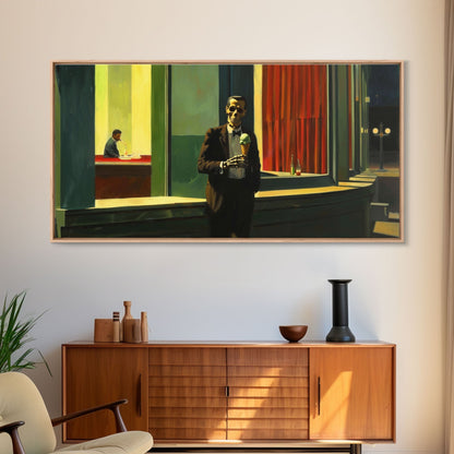 Liminal Halloween Art, Skeleton Having an Ice Cream Cone, Framed Canvas Print, Halloween Decor