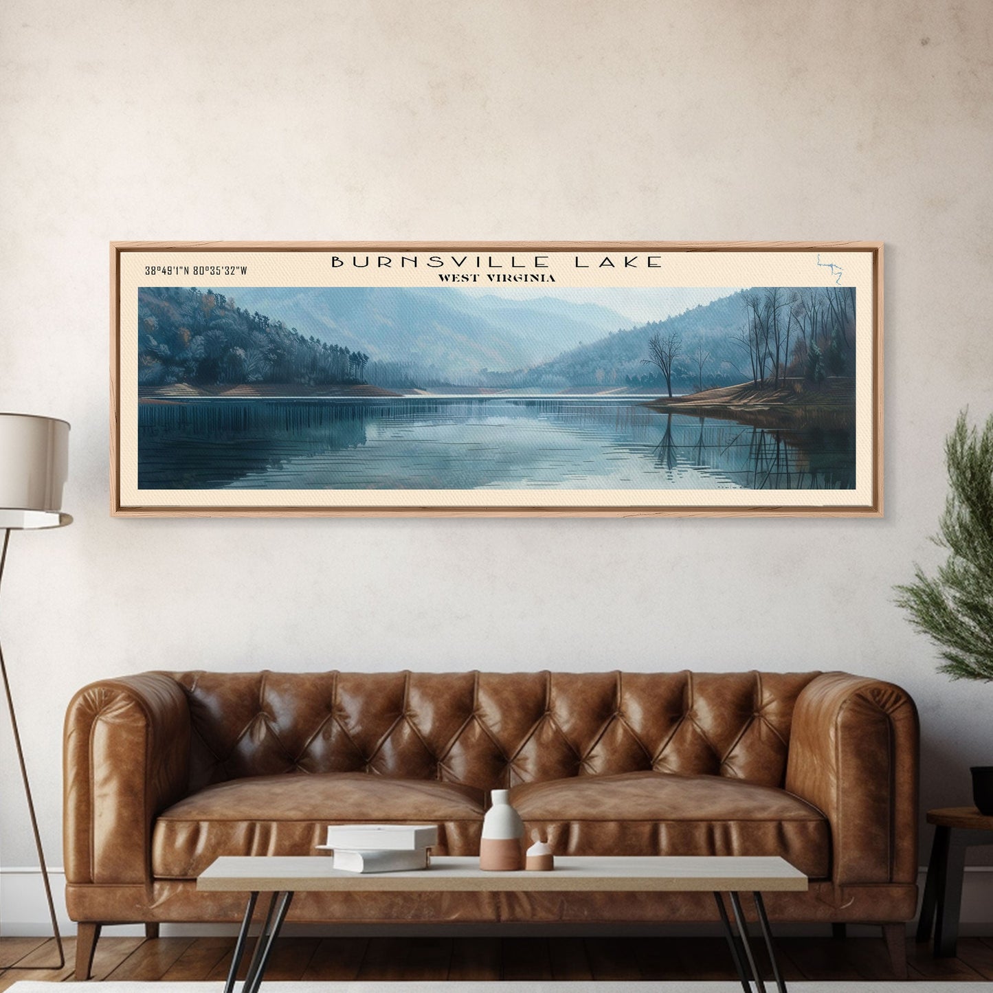 Burnsville Lake West Virginia Framed Canvas Print, Panoramic Lake House Decor, Wall Art, Travel Poster, Modern Lake Painting, Nature Art