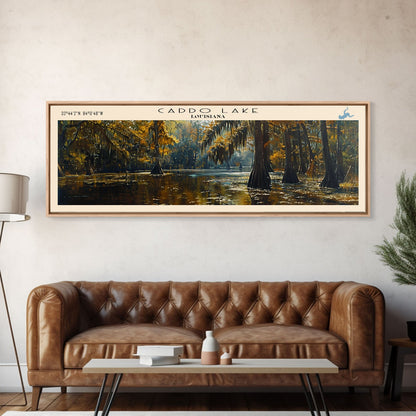 Caddo Lake Louisiana Framed Canvas Print, Lake House Decor, Panoramic Wall Art, Travel Poster, Rustic Lake Painting, Nature Art