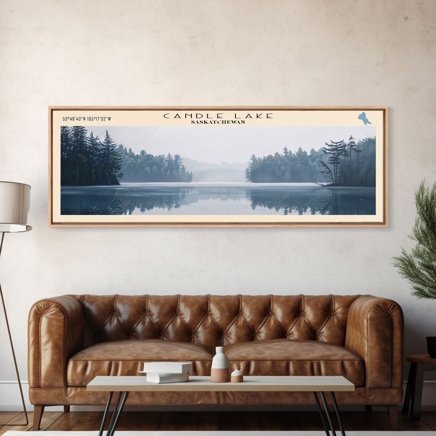 Candle Lake Framed Canvas Print, Panoramic Lake House Decor, Wall Art, Travel Poster, Rustic Lake Painting, Home Decor